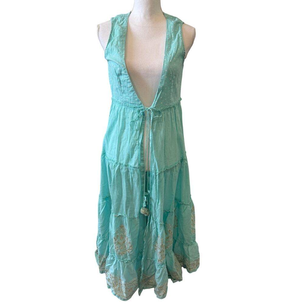 BIBA Indian Cotton Cover Up Dress Seafoam Green Block Print 34